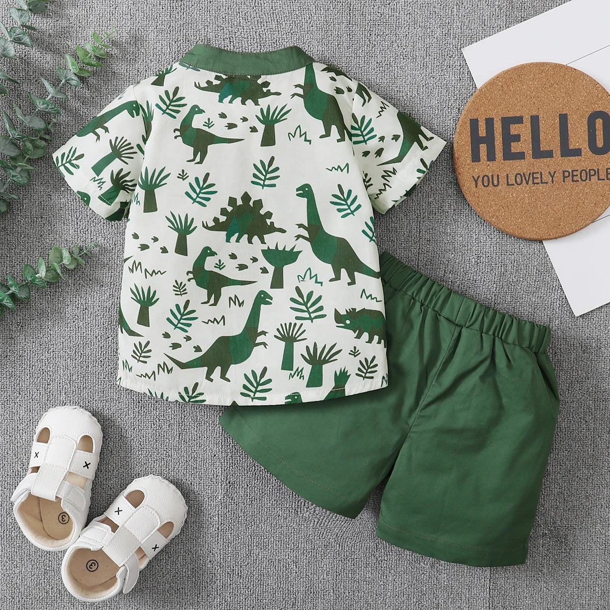 Short Sleeve Button Down Shirt  Solid Elastic Waist Shorts Set