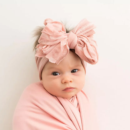 Big Ruffle Bow Nylon Headband Wide Baby Turban Super Soft Chiffon Handmade Knotted Infant Headwrap One Size Fits All JFNY200