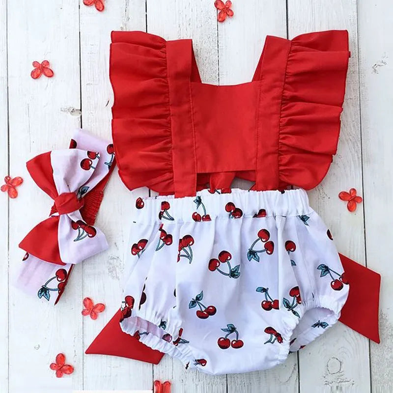 Ruffle Backless Cherry Romper Headband 2pcs Summer Outfits