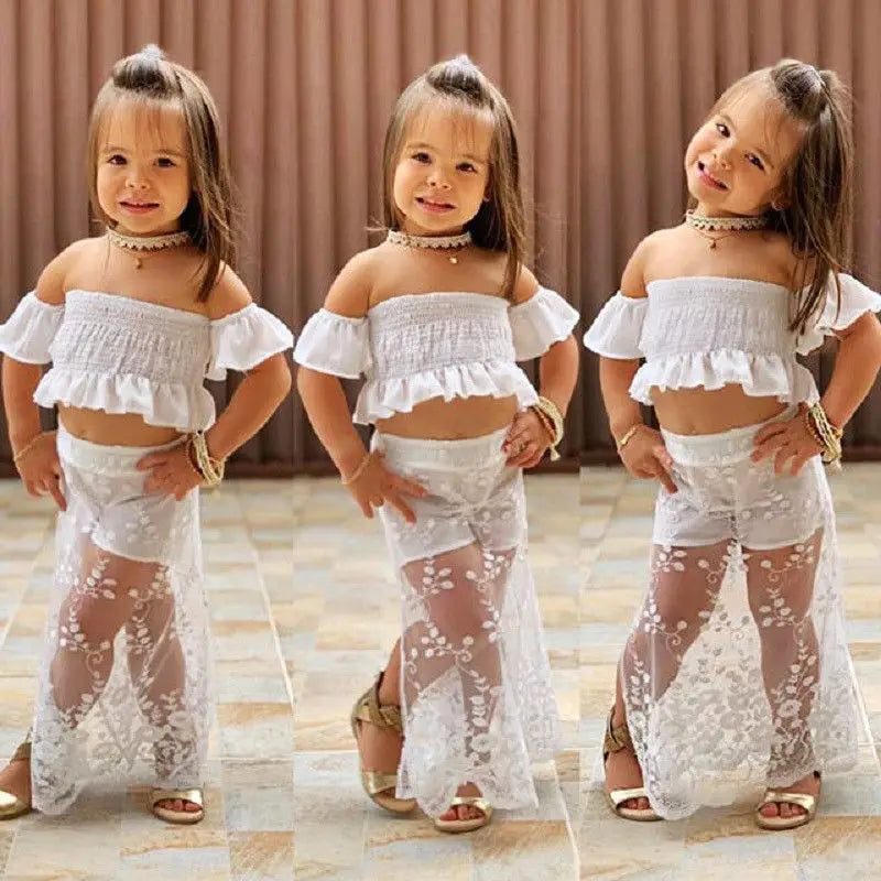 2pcs White Lace Floral Tops Long Skirt Adorable Outfit