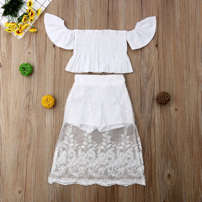 2pcs White Lace Floral Tops Long Skirt Adorable Outfit