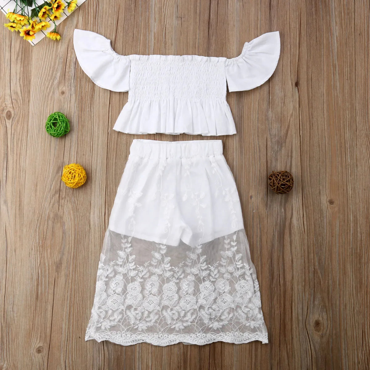 2pcs White Lace Floral Tops Long Skirt Adorable Outfit