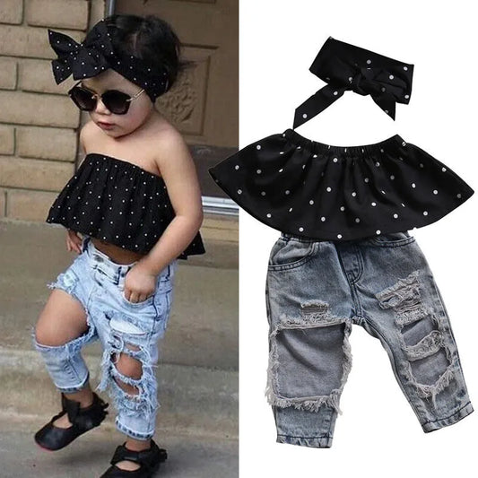 Sleeveless Top Vest Hole Jeans Pants Bow Headband Outfit