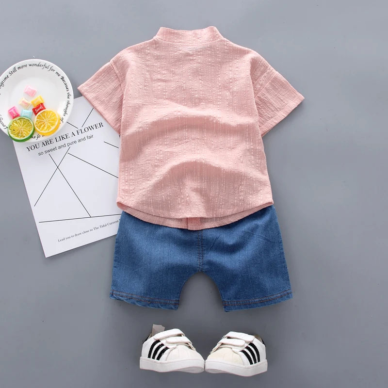 Boys Shirt Cartoon Tops and Denim Shorts Set