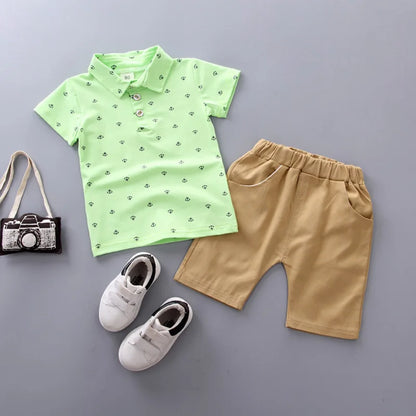 Ship Anchor Print Lapel POLO Shirt + Casual Shorts 2Pcs