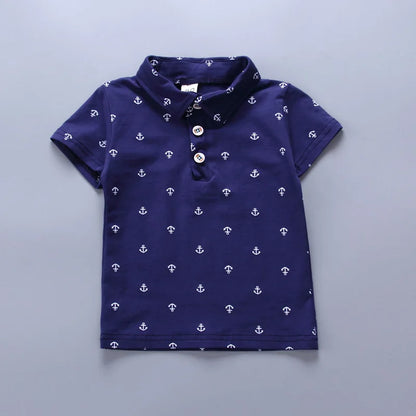 Ship Anchor Print Lapel POLO Shirt + Casual Shorts 2Pcs