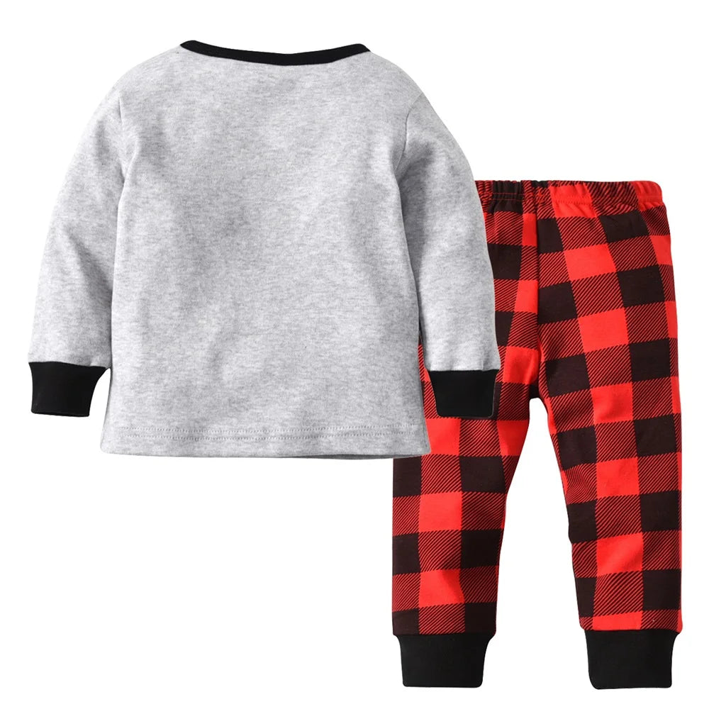 Kids Christmas Deer T-shirt Red Plaid Pants 2Pcs Combo