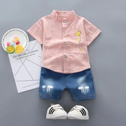 Boys Shirt Cartoon Tops and Denim Shorts Set
