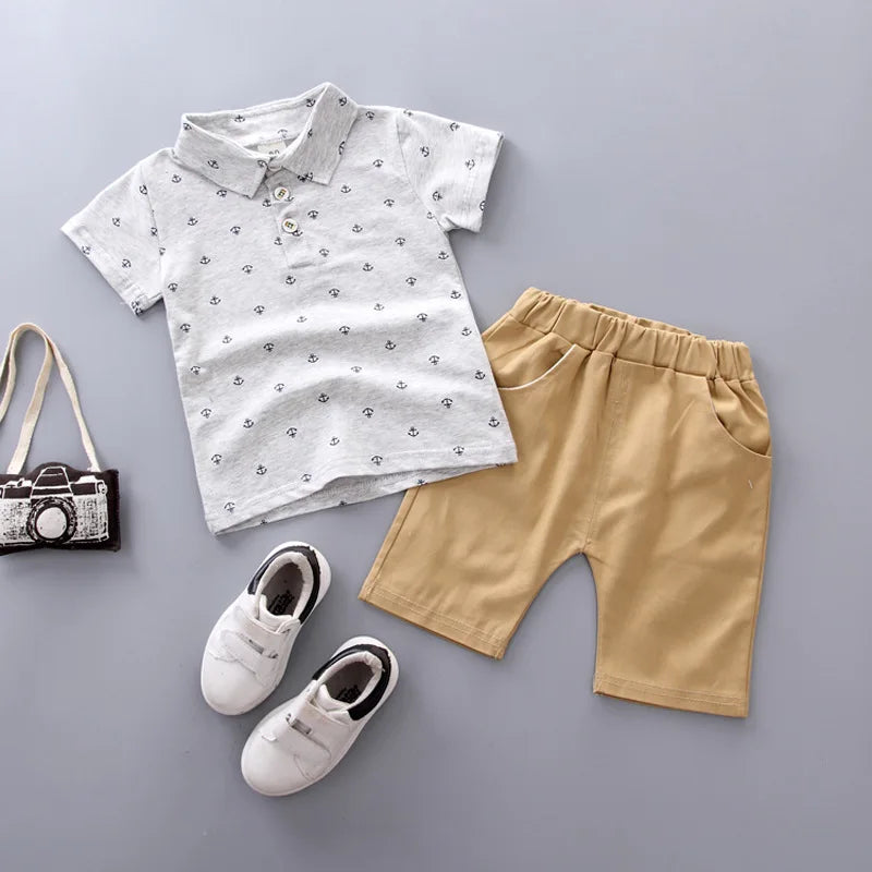 Ship Anchor Print Lapel POLO Shirt + Casual Shorts 2Pcs