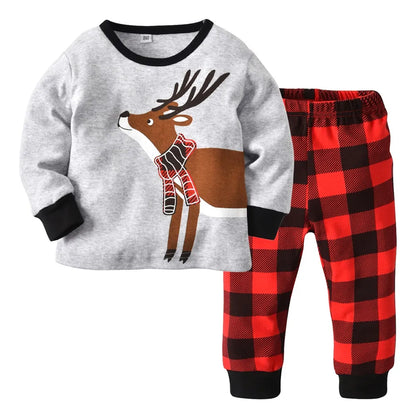 Kids Christmas Deer T-shirt Red Plaid Pants 2Pcs Combo