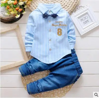 Casual Bow Tie Shirt+Pants 2pcs Sets  Denim Outfits