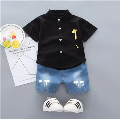 Boys Shirt Cartoon Tops and Denim Shorts Set