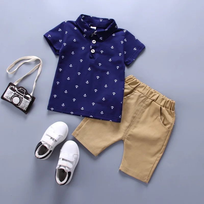 Ship Anchor Print Lapel POLO Shirt + Casual Shorts 2Pcs