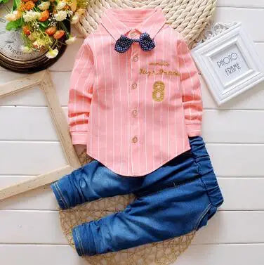 Casual Bow Tie Shirt+Pants 2pcs Sets  Denim Outfits