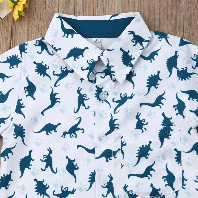 Boy Dinosaur Collar Short Sleeve T-shirt + Pant 2Pcs Set
