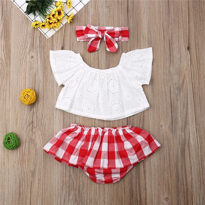 3pcs Off Shoulder Tops+Plaid Short Dress+Headband Outfit