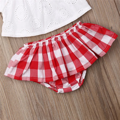 3pcs Off Shoulder Tops+Plaid Short Dress+Headband Outfit