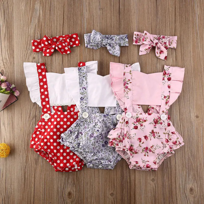 Flower Ruffle Romper Newborn Backless Jumpsuit 2pcs Baby Summer Clothing