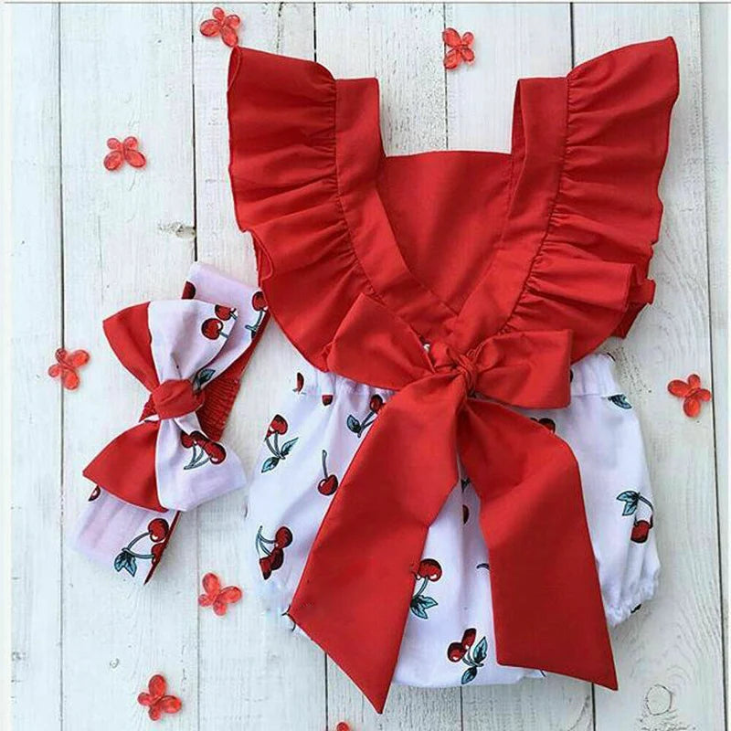 Ruffle Backless Cherry Romper Headband 2pcs Summer Outfits