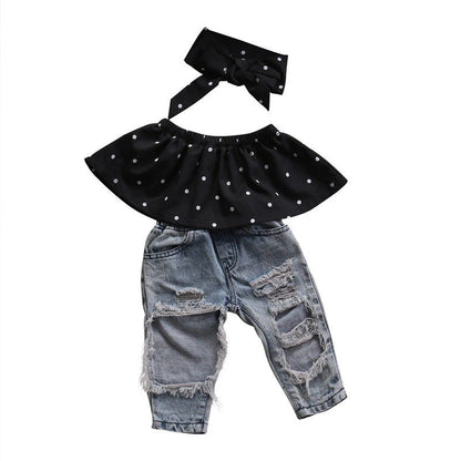 Sleeveless Top Vest Hole Jeans Pants Bow Headband Outfit