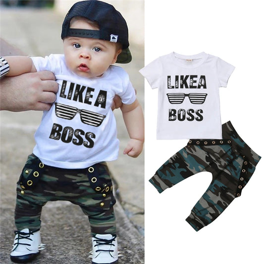 Short Sleeve Letter T-shirt Camo Pants 2Pcs Outfits Set