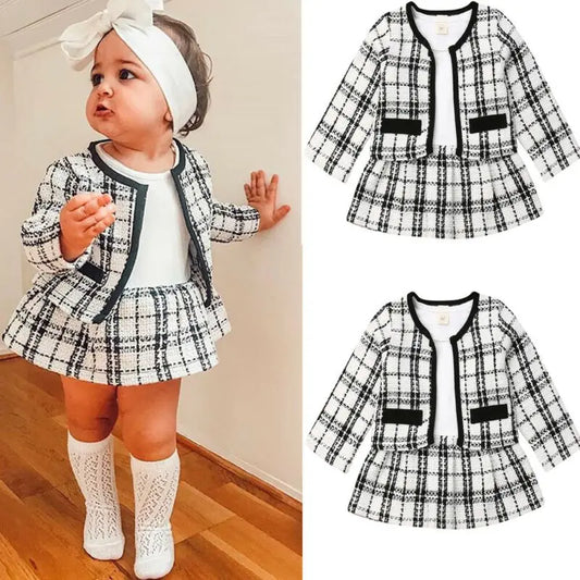 1-6Y Kids Girls Clothes Sets Princess Outfits Autumn Winter White Plaid Coat Tops Patchwork Tutu Dress 2pcs Sets Formal Costumes