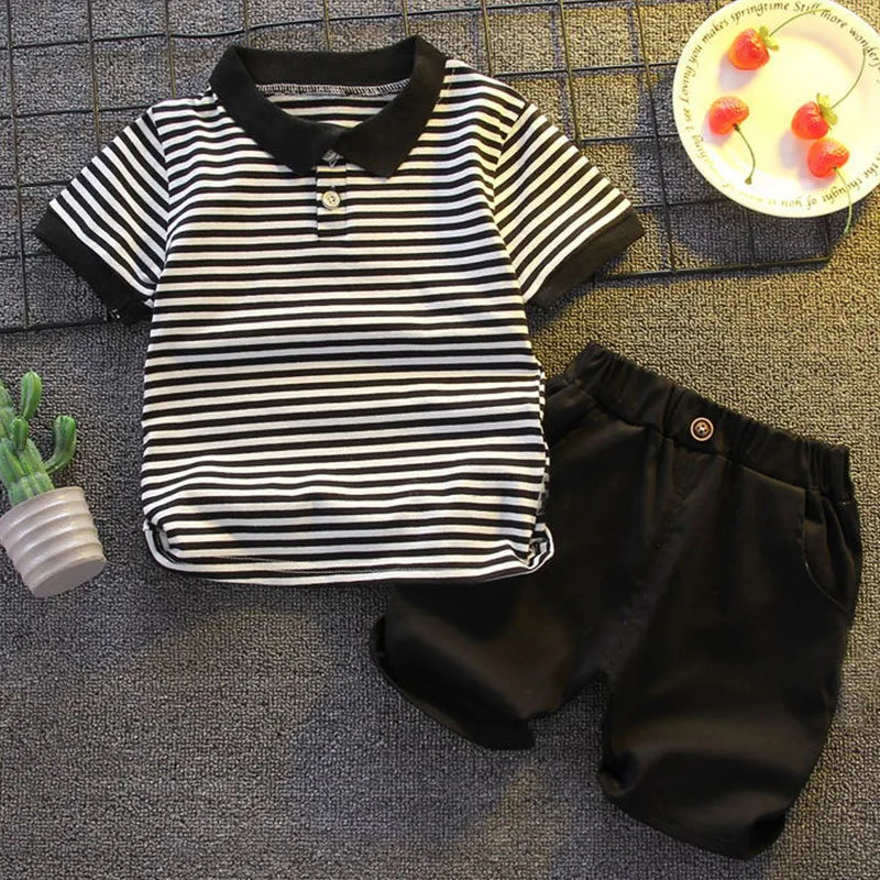 Striped Polo-shirt + Shorts Outfits Boys Casual Wear