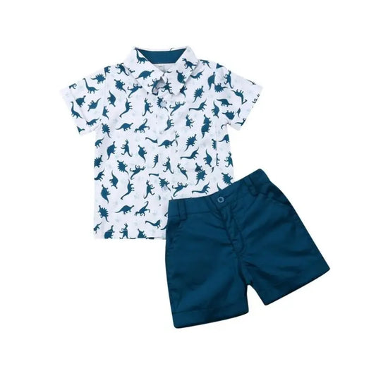 Boy Dinosaur Collar Short Sleeve T-shirt + Pant 2Pcs Set