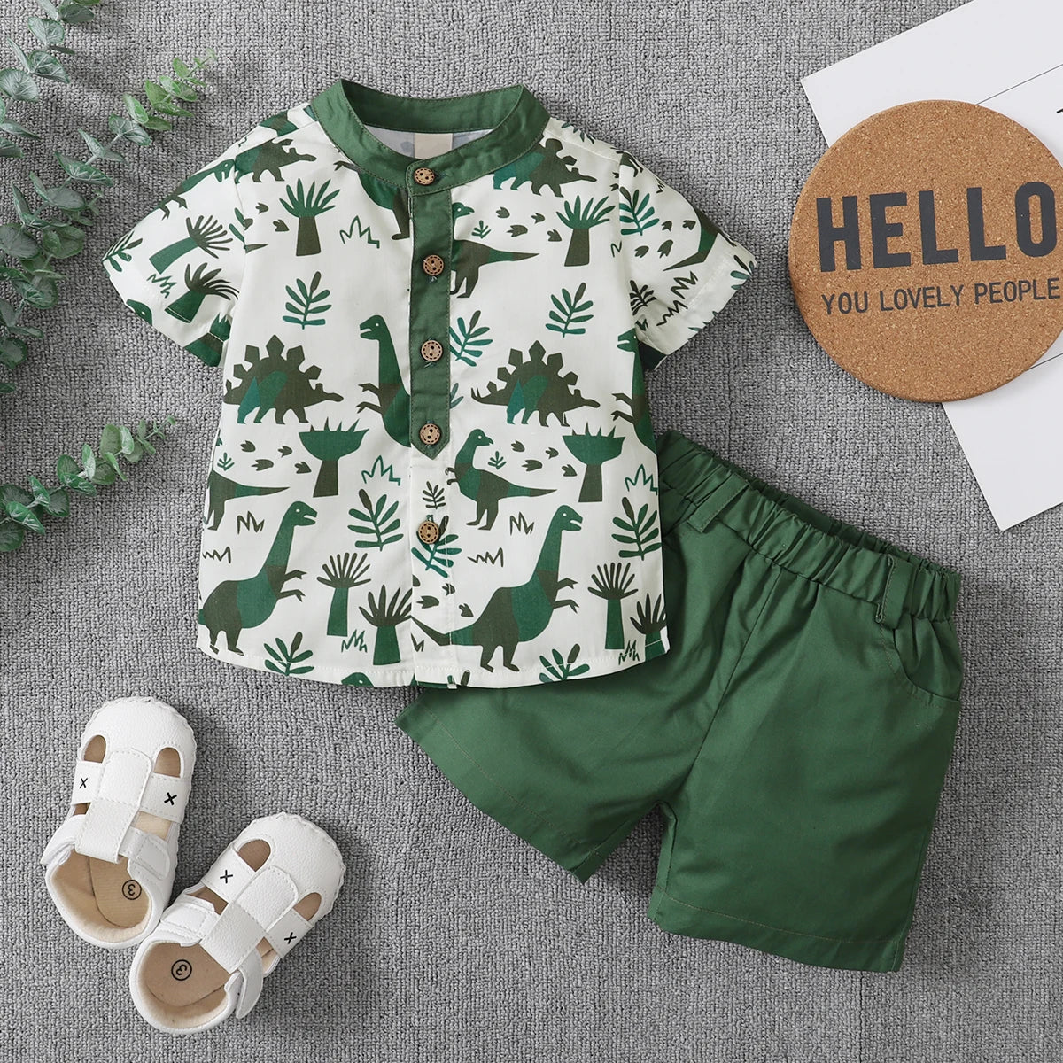 Short Sleeve Button Down Shirt  Solid Elastic Waist Shorts Set