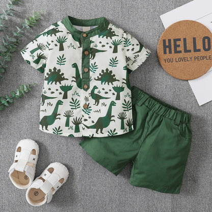 Short Sleeve Button Down Shirt  Solid Elastic Waist Shorts Set