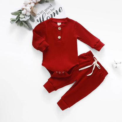 Newborn Infant Baby Girls Boys Ribbed Solid Clothes Sets Spring Autumn Long Sleeve Bodysuits + Elastic Pants 2PCs Solid Outfits