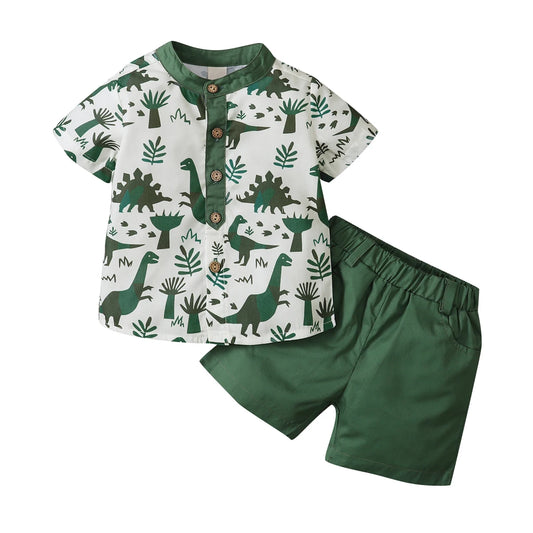 Short Sleeve Button Down Shirt  Solid Elastic Waist Shorts Set