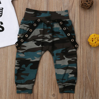 Short Sleeve Letter T-shirt Camo Pants 2Pcs Outfits Set