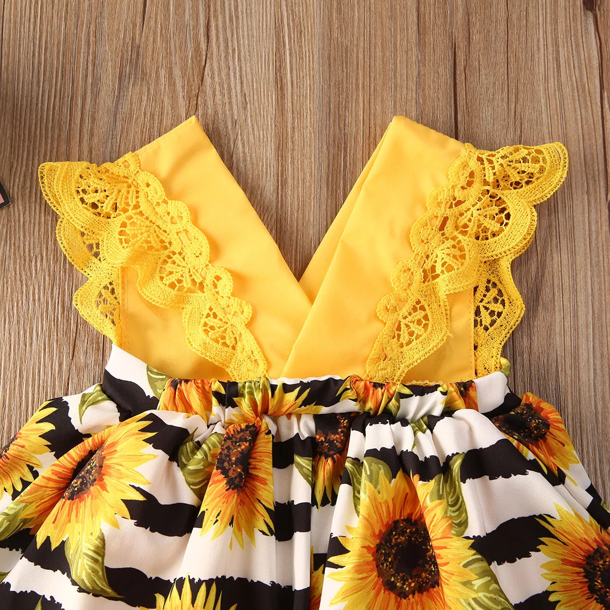 Lace Ruffle Sunflower Print Romper Headband 2Pcs