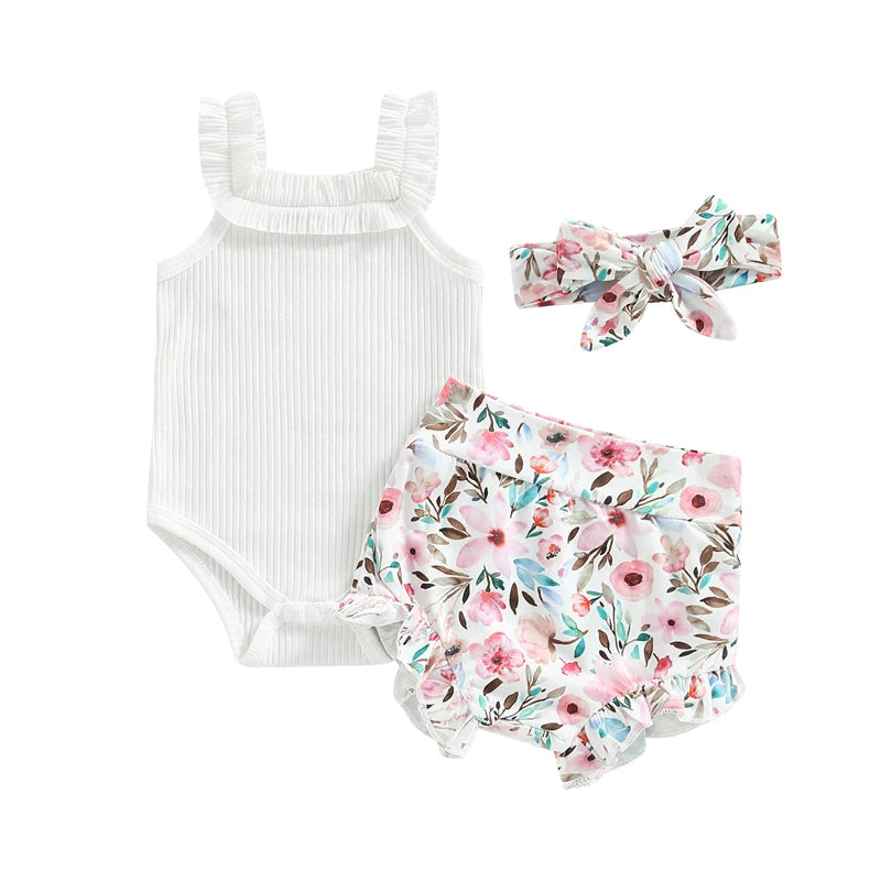 Baby Girls Shorts Set Sleeveless Romper Flower/Rainbow/ Print Shorts Hairband