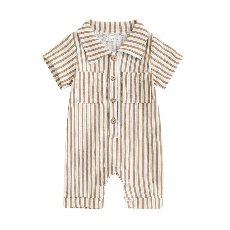 Boy Striped Romper Short Sleeve Front Single-breasted Legs Jumpsuit