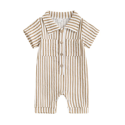 Boy Striped Romper Short Sleeve Front Single-breasted Legs Jumpsuit
