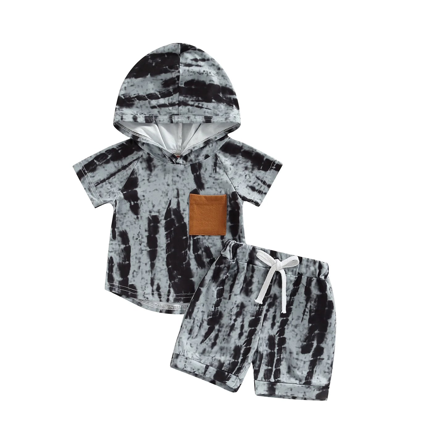 2Pcs Casual Clothing Set Short Sleeve Hooded Tie-Dye  Pritned Top and Shorts