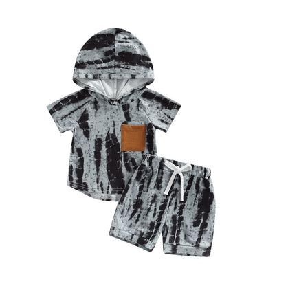 2Pcs Casual Clothing Set Short Sleeve Hooded Tie-Dye  Pritned Top and Shorts