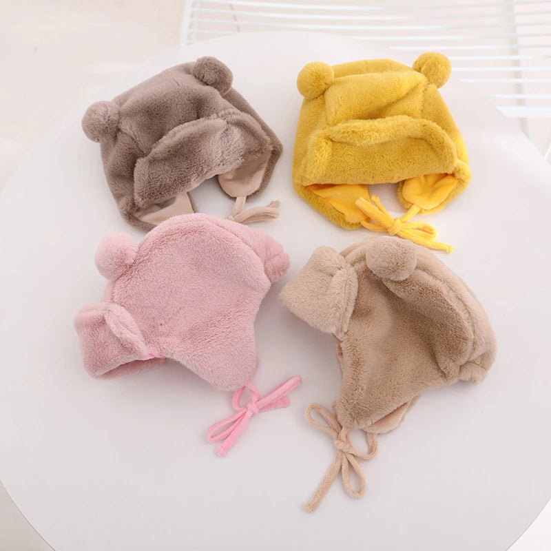 Cute Bear Baby Hat Soft Furry Ear Protection Kids Bonnet Hats with Earflaps Winter Warm Lined Infant Girl Boy Beanies Cap