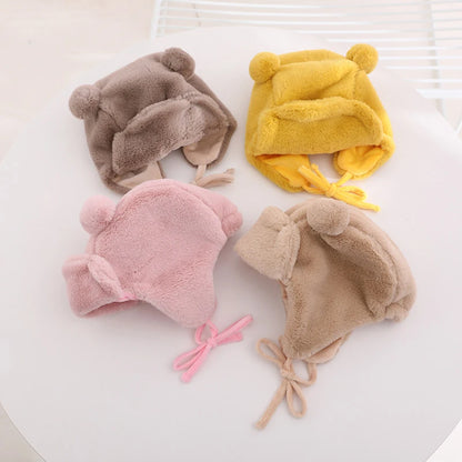 Cute Bear Baby Hat Soft Furry Ear Protection Kids Bonnet Hats with Earflaps Winter Warm Lined Infant Girl Boy Beanies Cap