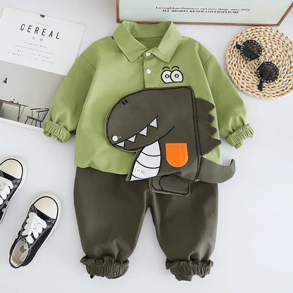 Cotton Sport Patchwork Dinosaur Shirt+  Jeans 2Pcs/Set