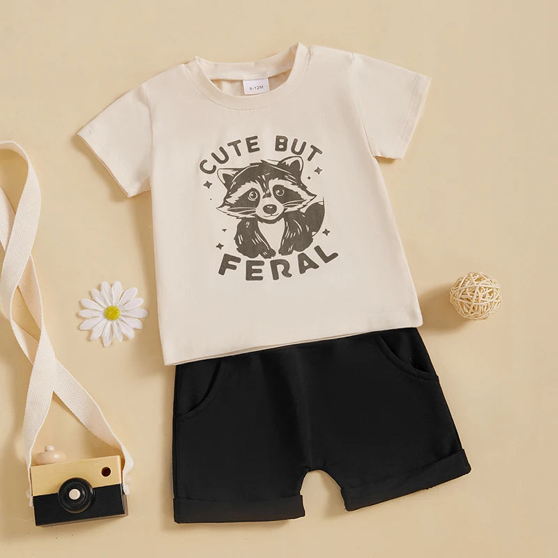 Raccoon Letter Print Short Sleeve T-Shirts and Elastic Waist Shorts Set