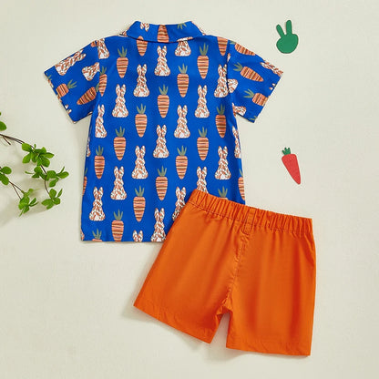 Boys Easter Outfits Bunny Carrot Pattern Collar Short Sleeve Shirt with Shorts 2 Pcs Set