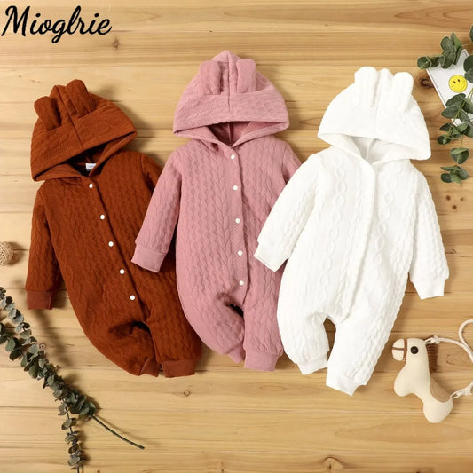 Baby Romper Cute Ears Solid Hooded Long Sleeve Baby Bodysuit