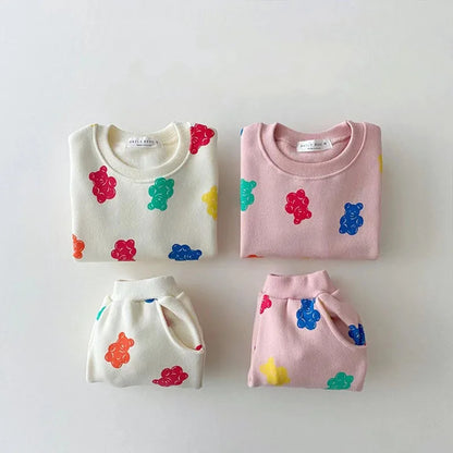 Cute Colourful Gummy Bears Tracksuit Baby Girl Sweet Loose Pullover Sweatshirts+ Simple New Track Trousers 2pc Spring New Set