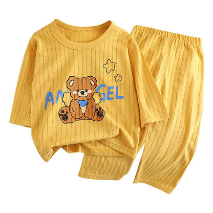 Summer Kids Cotton Long Sleeve and Pants Pajamas Set Soft Breathable Baby Sleepwear Cartoon Bear AC Room Wear Boys Girls Clothes