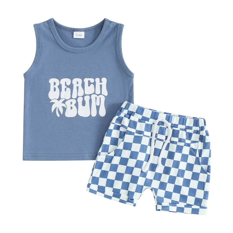 Sleeveless Tank Tops and Checkerboard Elastic Waist Shorts Set