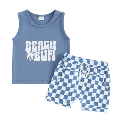 Sleeveless Tank Tops and Checkerboard Elastic Waist Shorts Set