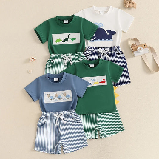 Whale/Dinosaur/Turtle Short Sleeve T-shirts  and Striped Elastic Waist Shorts